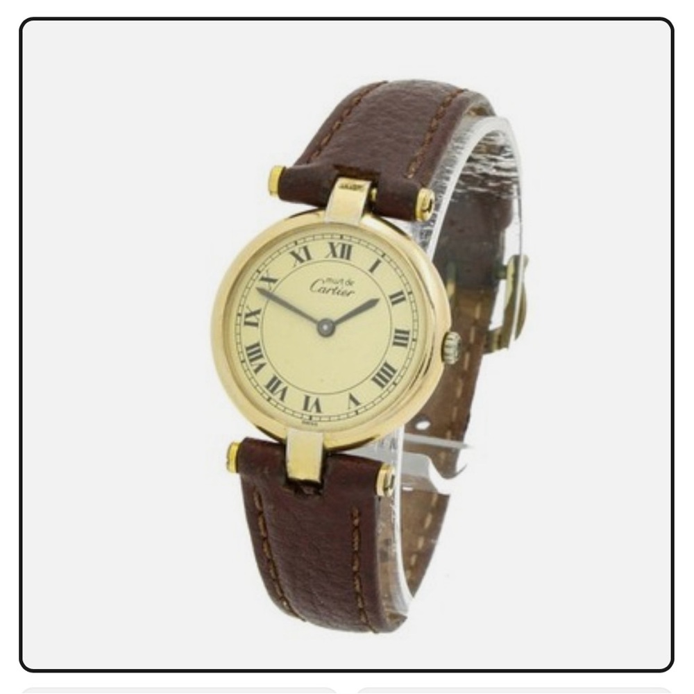 Cartier Gold Tone Round Case Watch with Brown Leather Strap